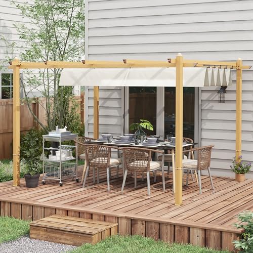 Outsunny 10' x 12' Retractable Pergola Canopy, Wood Grain Aluminum Pergola, Outdoor Sun Shade Shelter for Grill, Garden, Patio, Backyard, Deck, Cream