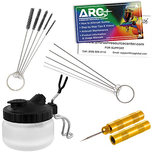 Master Airbrush 13 Piece Airbrush Cleaning Kit - Glass Cleaning Pot Jar with Holder, 5 pc Cleaning Needles, 5 pc Cleaning Brushes, 1 Wash Needle, & - WoodArtSupply