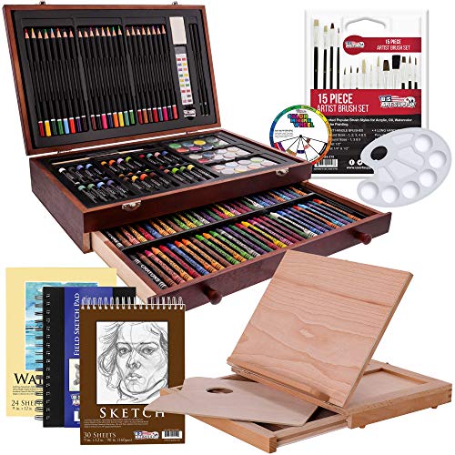 U.S. Art Supply 163-Piece Mega Deluxe Art Painting, Drawing Set in Wood Box, Desk Easel - Artist Painting Pad, 2 Sketch Pads, 24 Watercolor Paint U.S. Art Supply