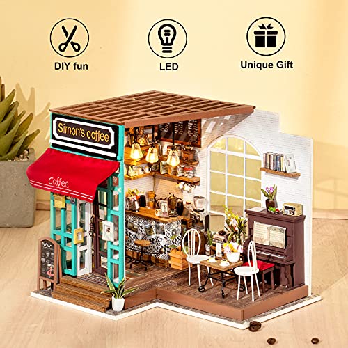 Rolife DIY Miniature Dollhouse Kit Coffee House Wooden Mini House Crafts DIY Model Kits Christmas Birthday Gifts for Boys Girls Women Friends - WoodArtSupply