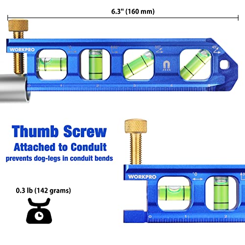 WORKPRO Conduit Bending Level, Magnetic Torpedo Level, Pipe Level, Bubble Vials for 0°/90°/30°/45° Measurements, Aluminum Alloy Construction, WORKPRO