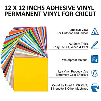 Lya Vinyl 74 Pack Permanent Vinyl for Cricut - Self Adhesive Vinyl with 2 Transfer Paper for Decor Sticker, Party Decoration - 40 Color Vinyl for