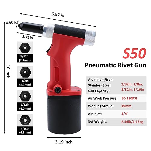 SHININGEYES Heavy Duty Air/Hydraulic Rivet Gun Professional Riveting Tool 1/4" air Power Tool no Self Suction Style (No- Self-Suction Style) SHININGEYES