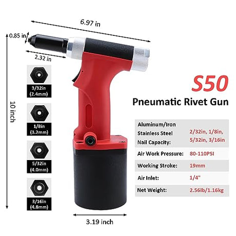 SHININGEYES Heavy Duty Air/Hydraulic Rivet Gun Professional Riveting Tool 1/4" air Power Tool no Self Suction Style (No- Self-Suction Style) SHININGEYES