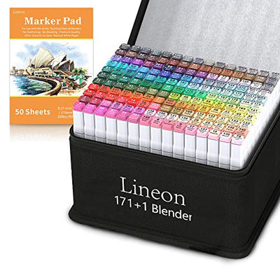 Lineon 172 Colors Alcohol Based Dual Tip Art ,171+1 Blender Permanent Marker Pens Plus 1 Marker Pad 1 Case Perfect for Kids Adult Artist Coloring