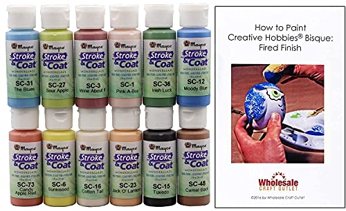 Mayco Stroke and Coat Glaze for Ceramics Kit 3 | 12 Assorted 2 oz Jars with How to Paint Pottery Book - WoodArtSupply