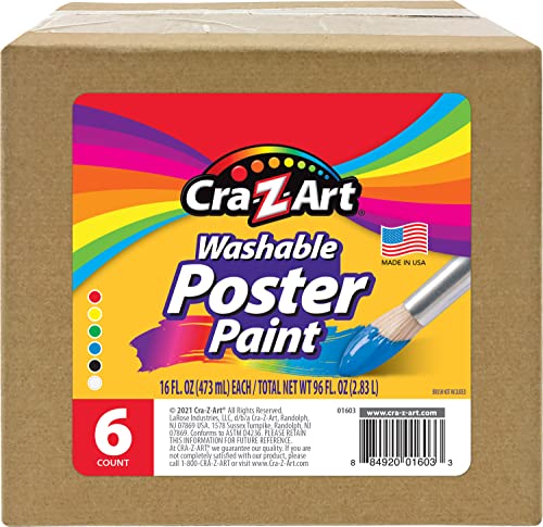 Cra-Z-Art Washable Poster Paint Bulk, Assorted Colors 16oz each bottle, 6 count Cra-Z-Art