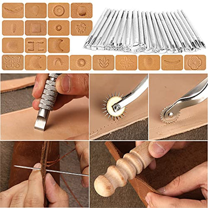 BAGERLA 50 Pieces Leather Working Tools and Supplies with Leather Tool Box Prong Punch Edge Beveler Wax Ropes Needles Perfect for Stitching Punching