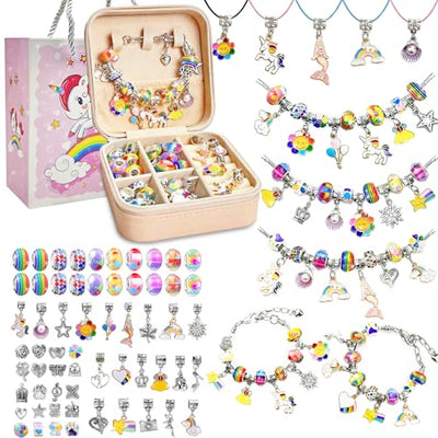 BEIKEETOO Charm Bracelet Making Kit for Girls 8-12 DIY Bead Jewelry Making Kit with Box, Unicorn Mermaid Arts and Crafts for Kids 6-8 Gifts for Girl