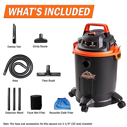 Armor All VO405P 0901 4 Gallon Wet/Dry Vac 2.0 Peak HP Shop Vacuum with Nozzles & Brush,Black/Orange Armor All