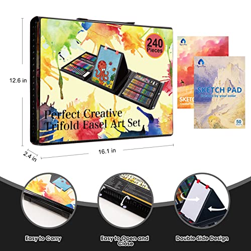 Art Supplies, 240-Piece Art Set Crafts Drawing Kits with Double Sided Trifold Easel, Includes Sketch Pads, Oil Pastels, Crayons, Colored Pencils, VigorFun