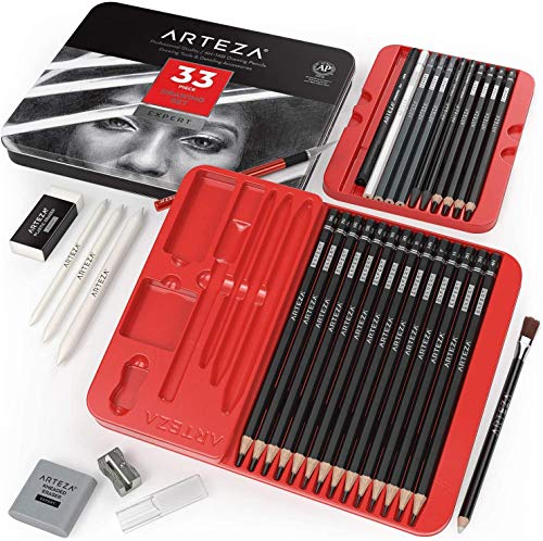 Arteza Drawing Set for Adults, Set of 33 Artist Sketching Tools, 20 Graphite & 4 Charcoal Sketch Pencils, 1 Fineliner, 3 Blenders, 1 Sharpener, 3 ARTEZA