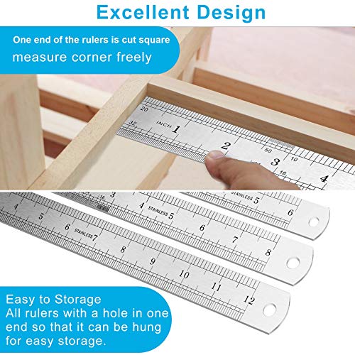 3PCS Stainless Steel Ruler, Metal Ruler Set (6 8 12 inch), Steel Ruler with Inch and Metric, Machinist Ruler, Metric Ruler, Imperial Ruler, for - WoodArtSupply