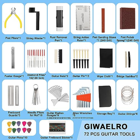 72 PCS Guitar Tool Kit for Set Up, Intonation Adjustment and Repair, Guitar Maintenance Kit for Guitar Bass Banjo and Ukulele, Guitar Gift for Guitar Giwaelro