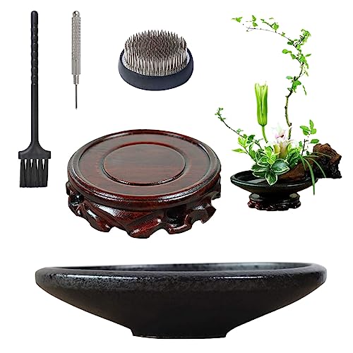 WANDIC Flower Frog Kit, Conical Ikebana Flower Vase with 6cm Ikebana Kenzan Flower Frog and 12cm Wood Base Stand for Flower Arranging Art, Black - WoodArtSupply