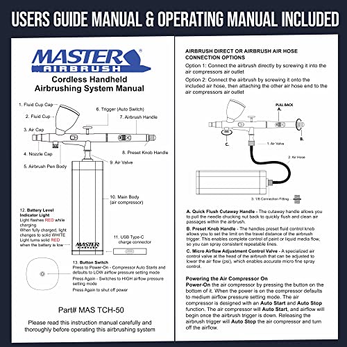 Master Airbrush Powerful Cordless Airbrushing System Kit - 20 to 36 psi, Portable Rechargeable Air Compressor Professional Artist Set, How to Guide