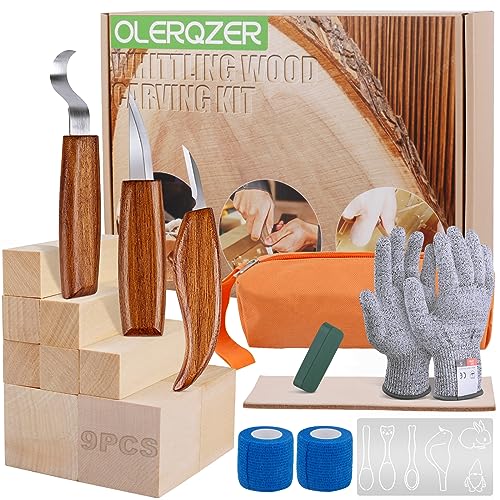 Olerqzer Whittling Wood Carving Kit,22PCS Wood Carving Tools Hand Carving Knife Set for Beginners Adults and Teens,3PCS Whittling Knife 9PCS Blocks &