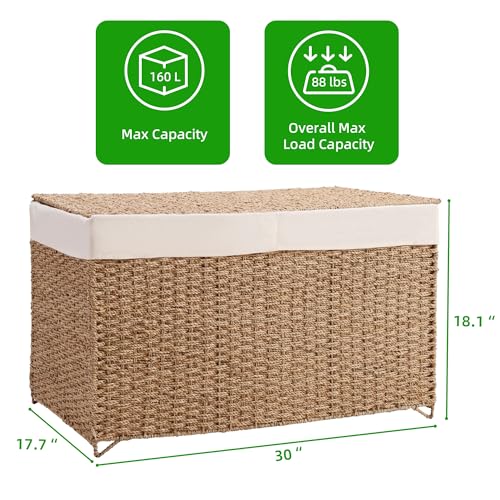 PrimeZone Double Laundry Hamper with Lid - 160L (42 Gallon) Natural Seagrass Hand Woven Clothes Laundry Basket with 2 Section Removable Liner, - WoodArtSupply