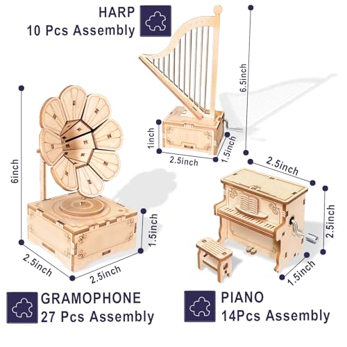 CYAZOO 3in1 3D Wooden Assembly Puzzle Hand Crank Music Box Set Wood Craft Kit-DIY Musical Instrument Model Toy-Home Decoration Best - WoodArtSupply