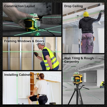 PREXISO Laser Level 3 X 360° with Tripod - Rechargeable Cross Line Leveler, Green Line Laser Level Self Leveling for Construction, Tile, Home - WoodArtSupply