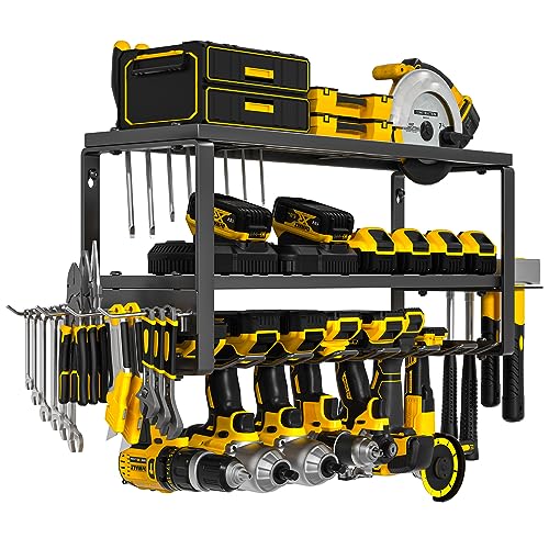 MOOMSINE Power Tool Organizer, Storage Rack for Garage Organization, Wall Mount Cordless Drill Holder and Battery Shelf, Tools Shelves with Charging - WoodArtSupply