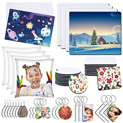 82 PCS Sublimation Blanks Products Set, Modacraft Christmas Craft Sublimation Starter Kit with 20 Car Coasters, 12 Keychains, 8 Earrings, 4 Mouse