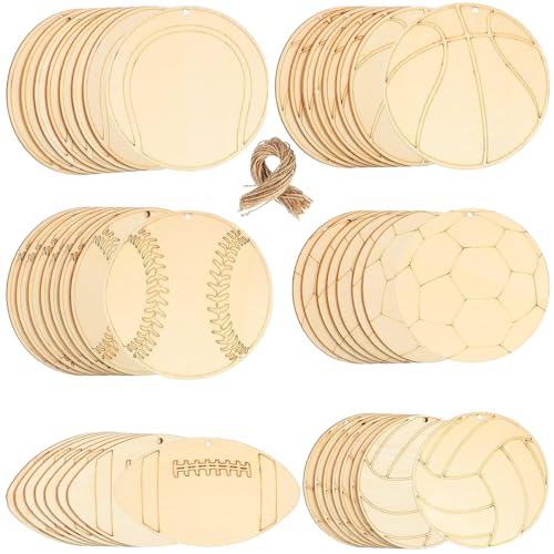 Football Ornaments, 42pcs Wood Pieces Sports Ball Cutouts, Football Volleyball Baseball Basketball Rugby Tennis Shaped Wood Chips, Wooden Chip Vansza