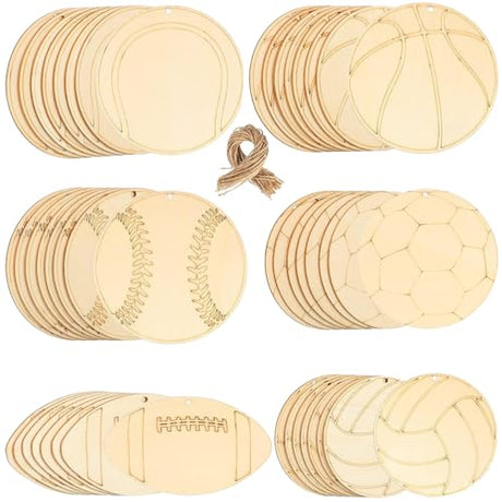 Football Ornaments, 42pcs Wood Pieces Sports Ball Cutouts, Football Volleyball Baseball Basketball Rugby Tennis Shaped Wood Chips, Wooden Chip Vansza