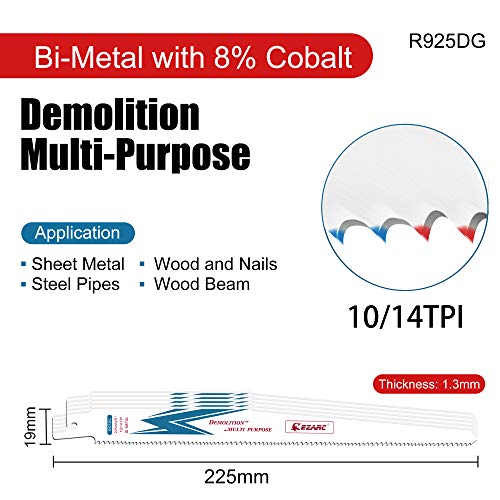 EZARC Reciprocating Saw Blade Bi-Metal Cobalt Sabre Saw Blades for Multi-Purpose 9-Inch 10/14TPI R925DG (5-Pack) EZARC