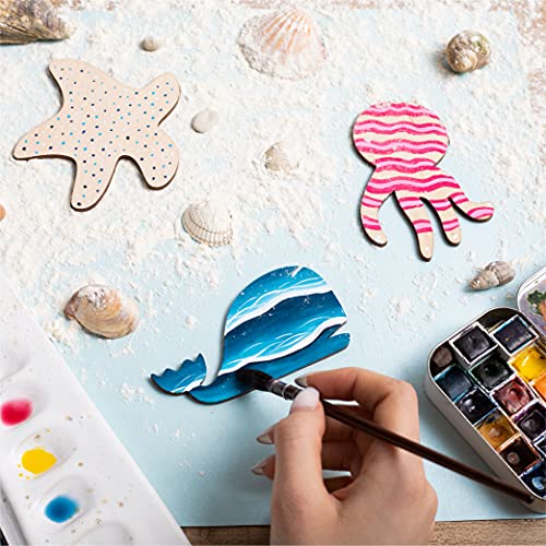 PLYDOLEX 24 Pieces Unfinished Wooden Cutouts Sea Animals Cutouts - 6 Shapes of Fish Cutouts: Wooden Stars, Dolphin Cutout, Octopus Cutout and Others Plydolex