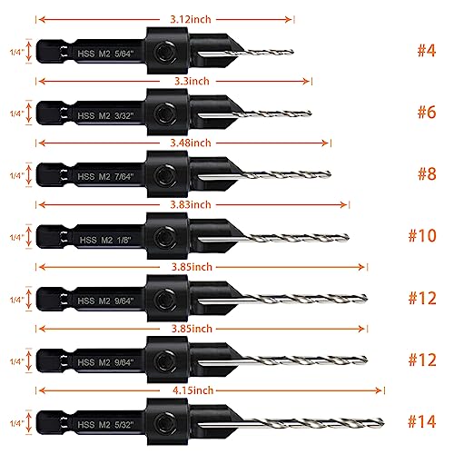 Countersink Drill Bit Set, 7-Piece Woodworking M2 Counterbore Taper Bits for #4, 6, 8, 10, 12, 14 Screws, 82-Degree Chamfer, ¼” Hex Shank, 2 Allen - WoodArtSupply