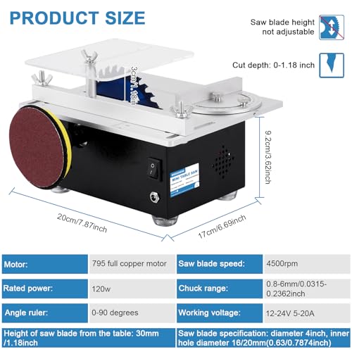MXBAOHENG Mini Precision Table Saw 4” Small Portable Hobby Table Saw for Crafts, 1.18 Inch Cutting Depth, DIY Mini Table Saw 120W with Sanding Disc MXBAOHENG