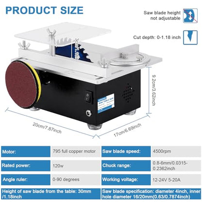 MXBAOHENG Mini Precision Table Saw 4” Small Portable Hobby Table Saw for Crafts, 1.18 Inch Cutting Depth, DIY Mini Table Saw 120W with Sanding Disc - WoodArtSupply