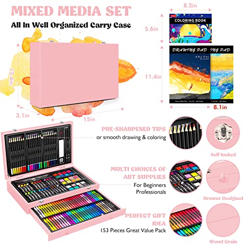 Caliart Pink Art Supplies, 153-Pack Deluxe Wooden Art Set Crafts Drawing Painting Coloring Supplies Kit with 2 A4 Sketch Pads, Halloween Creative Caliart