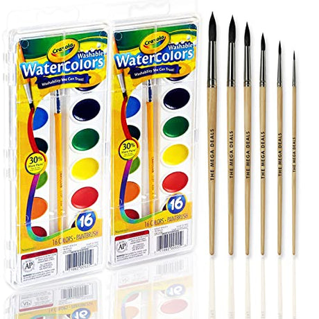 The Mega Deals Watercolor Paint Set - 2 Packs of 16 Vivid Colors Watercolor Paint and 6 Paint Brushes for Kids Watercolors Supplies Set - Ultimate The Mega Deals