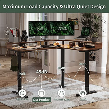 FEZIBO Triple Motor L Shaped Stadning Desk with LED Strip & Power Outrlets，63 inches Height Adjustable Stand up Corner Desk with Ergonomic Monitor FEZIBO