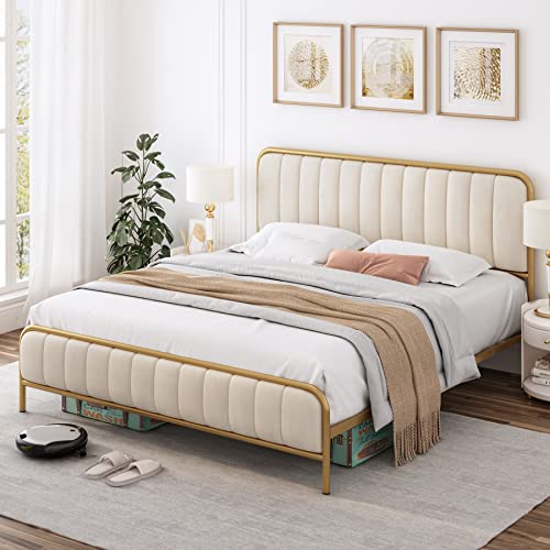 HITHOS Queen Size Upholstered Bed Frame with Button Tufted Headboard and Heavy Duty Metal Base HITHOS