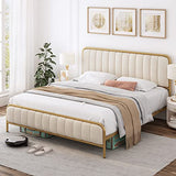 HITHOS Queen Size Upholstered Bed Frame with Button Tufted Headboard and Heavy Duty Metal Base HITHOS