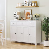 HIFIT Buffet Cabinet White Sideboard Storage Cabinet with 3 Drawers & 4 Doors Adjustable Shelves, 47” Modern Coffee Bar Cabinet, Wood Accent Cabinet HIFIT