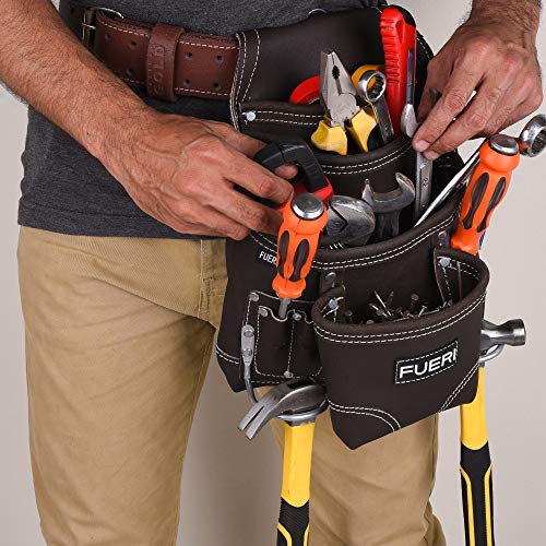 FUERI Leather Tool Pouch for Carpenters 10 Pocket Framers Belt Bag | High Gauge Premium Oil Tanned Leather Construction Maintenance Organizer Tool FUERI
