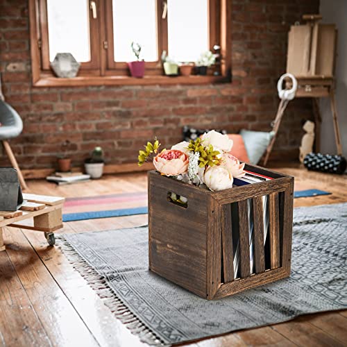 Yarlung Wood Storage Bin Cube Wood Crate with Handles, Rustic Brown Decorative Box Books Toys Shelf Basket Organizer for Closet, Bookcase, Workroom,