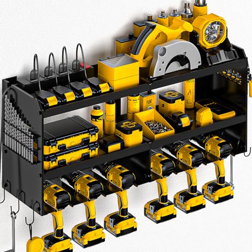 Spampur Power Tool Organizer Wall Mount with Charging Station, Garage Tool Shelf 6 Drill Holders, Tool Battery Holder with Screwdriver Heavy Duty Spampur