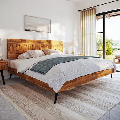 Georgina Mid Century Modern King Bed Frame with Handcrafted Geometric Headboard in Solid Acacia Wood - WoodArtSupply