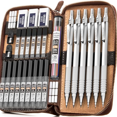 Nicpro 30PCS Art Mechanical Pencils Set in Leather Case, Metal Drafting Pencil 0.5, 0.7, 0.9 mm, 2mm Lead Holders for Sketching Drawing With 16 Tube Nicpro