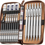 Nicpro 30PCS Art Mechanical Pencils Set in Leather Case, Metal Drafting Pencil 0.5, 0.7, 0.9 mm, 2mm Lead Holders for Sketching Drawing With 16 Tube Nicpro