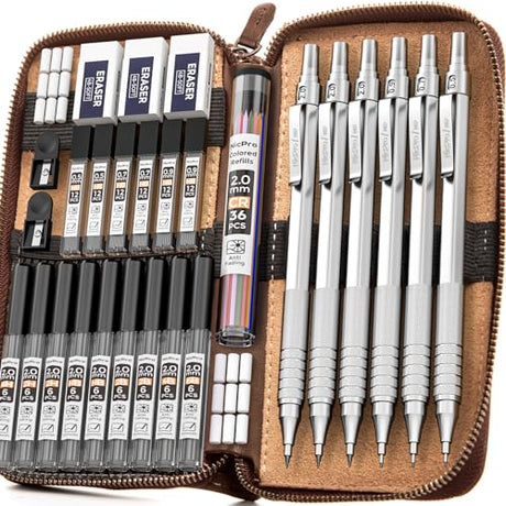 Nicpro 30PCS Art Mechanical Pencils Set in Leather Case, Metal Drafting Pencil 0.5, 0.7, 0.9 mm, 2mm Lead Holders for Sketching Drawing With 16 Tube Nicpro