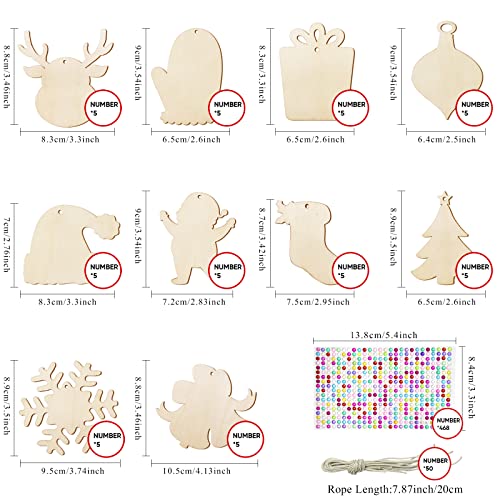 Hidreas 50 Pcs DIY Wooden Ornaments Christmas Wooden Ornaments Making Kit Christmas Crafts with Wax Rope and Rhinestone Stickers for Christmas Hidreas