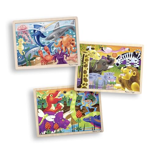 Melissa & Doug 3-Puzzle Jigsaw Set - Dinosaurs, Ocean, and Safari - Toddler Jigsaw Puzzles, Sea Creatures Wooden Puzzles, Dinosaur Puzzles, Animal - WoodArtSupply