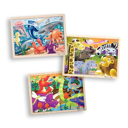 Melissa & Doug 3-Puzzle Jigsaw Set - Dinosaurs, Ocean, and Safari - Toddler Jigsaw Puzzles, Sea Creatures Wooden Puzzles, Dinosaur Puzzles, Animal - WoodArtSupply