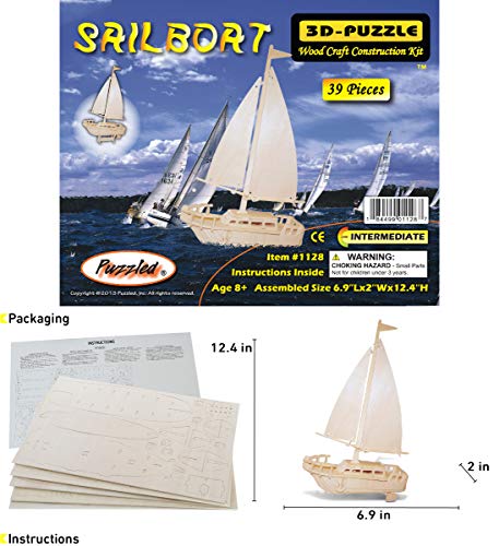 Puzzled 3D Puzzle Sailboat Wood Craft Construction Model Kit, Fun Unique & Educational DIY Wooden Toy Assemble Model Unfinished Crafting Hobby Boat Puzzled